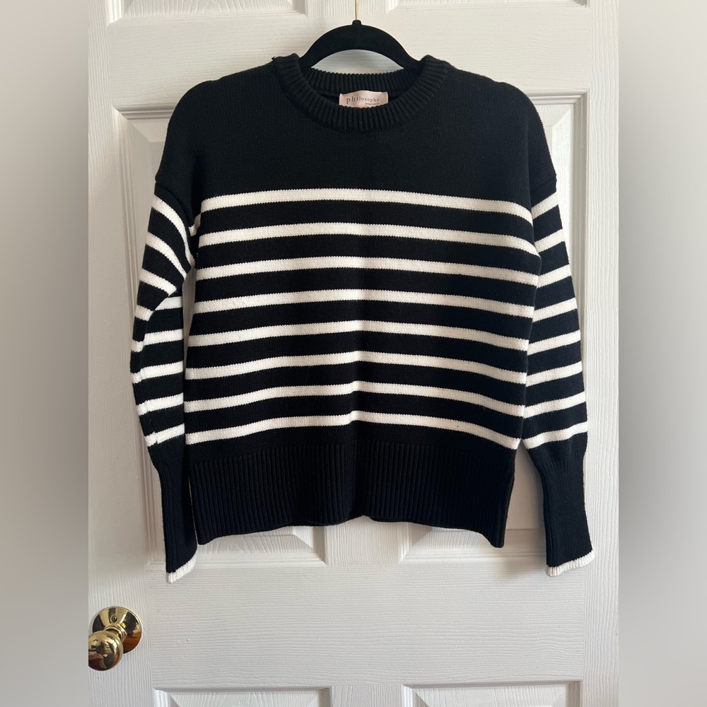 Philosophy Black and White Striped Crew Neck Sweater